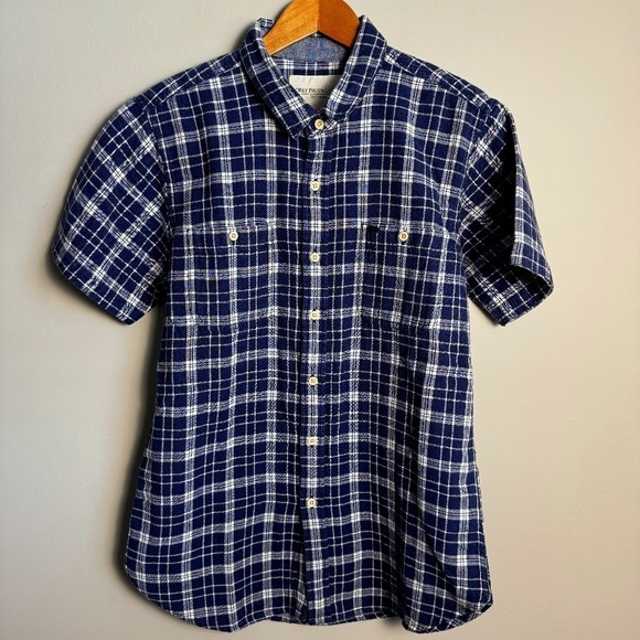 OBEY Propaganda Mens Plaid Short Sleeve Light Flannel Navy Tartan Button Shirt M - Picture 1 of 12